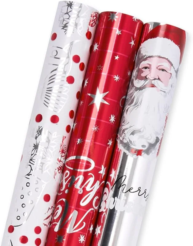 HJYODY 3 rollos de papel de regalo navideño: Papel de regalo rojo y blanco con purpurina metálica de 43 cm x 3 m, ideal para Navidad, cumpleaños, bodas, fiestas y festivales — Envoltorio regalo