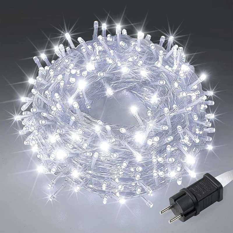 LEECOCO Cadena de luces para exteriores, 10 m, 100 LED, blanco frío, 8 modos con función de memoria, funciona con corriente para jardín, Navidad, boda, fiesta, interior y exterior (blanco frío, 10 m — Luces Navidad