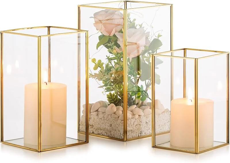 Visita la tienda de Nuptio Nuptio Portavelas de Vidrio - Juego de 3 Faroles Decorativos para Velas de Pilar, Portavelas de Vidrio Templado para Boda Navidad Halloween Salón Chimenea Decoración del Hogar Oro — Cena a la luz de velas