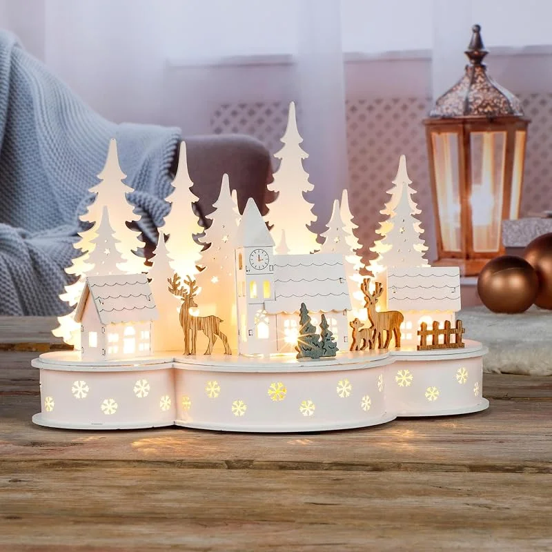 HI Haushalt International Ciudad navideña 3D de madera con iluminación LED – Pueblo navideño con 10 ledes de luz blanca cálida funciona con pilas, perfecto como decoración de Navidad, decoración de mesa — Decoracion Navidad