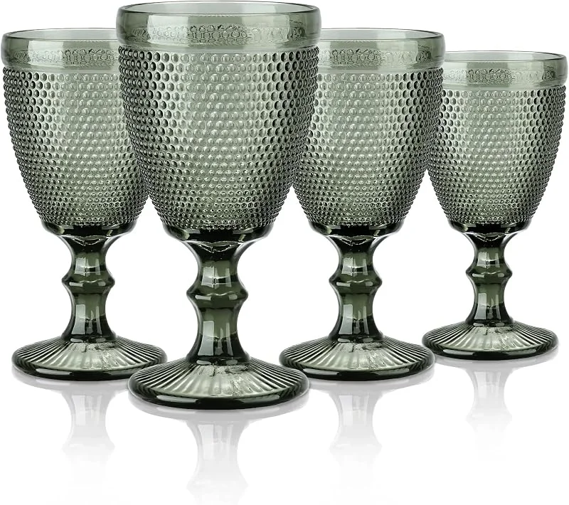 Visita la tienda de Joeyan Joeyan 300ml Set de 4 Copas de Vino Gris Vintage con Relieve — Adviento y mesa