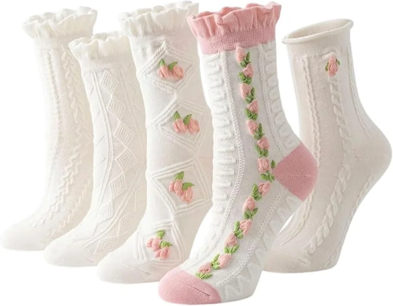 WUNZILO 5 pares Calcetines con Volantes, calcetines tobilleros con volantes para mujer, Blanco Calcetines de Tripulación Calcetines Casuales para Mujer Calcetines Tobilleros Transpirables — Ropa Navidad