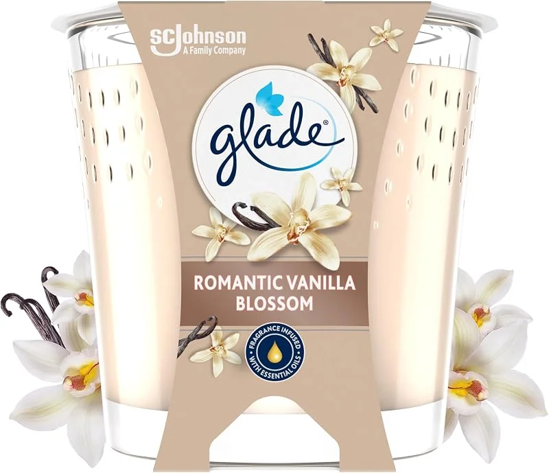 Visita la tienda de Glade Glade Vela Perfumada Vainilla, Dura Hasta 30 Horas, Vegana, con Aceites Esenciales, 1 Vela — Cena a la luz de velas