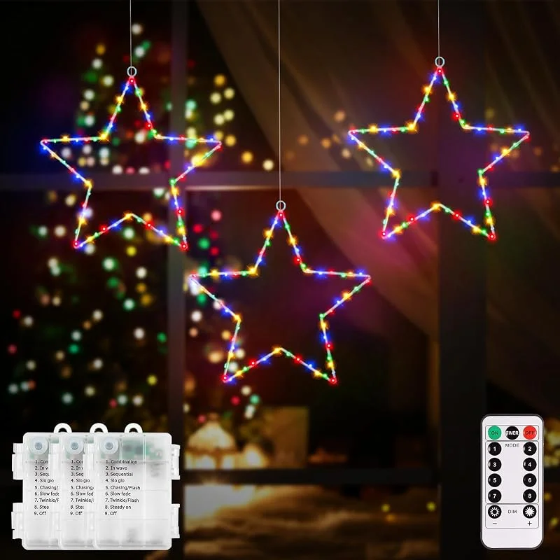CCILAND 3 luces LED con forma de estrella para ventana, 180 luces LED, funciona con pilas, con 8 modos, temporizador, ventana, estrellas, cadena de luces para Navidad, decoración de bodas (multicolor) — Decoracion Navidad
