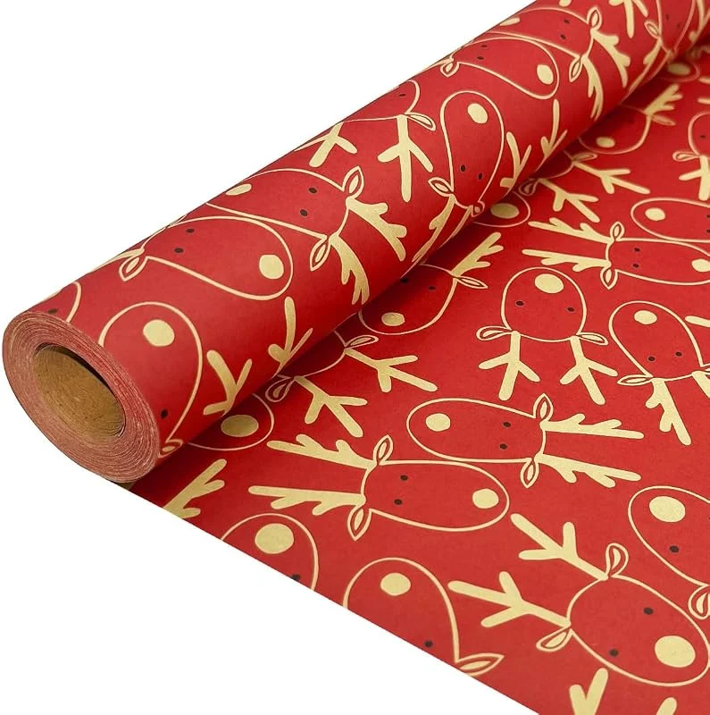 DOJoykey Rollo de papel de regalo navideño para regalo: papel de regalo rojo, papel Kraft con diseño festivo de alce, reciclable, 43 cm x 15 m. — Envoltorio regalo