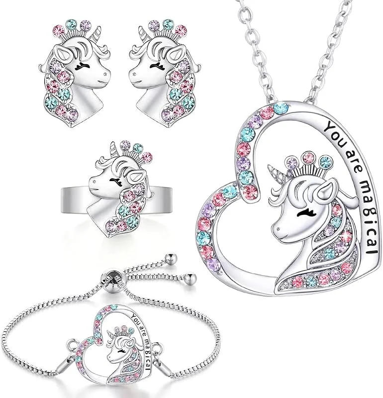 OSDUE Juego de joyas para niñas, 5 piezas, collar de unicornio, aretes, pulsera y anillo para niña, joyería de princesa para fiesta de juegos para niñas pequeñas, regalo de cumpleaños, color plateado — Ropa Navidad