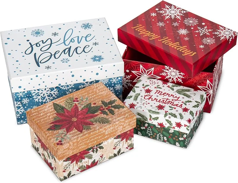 Visita la tienda de Oairse Oairse Juego de 4 cajas de regalo de Navidad, caja de almacenamiento con tapa, caja de regalo cuadrada, caja de cartón, cajas organizadoras, caja de regalo para — Envoltorio regalo
