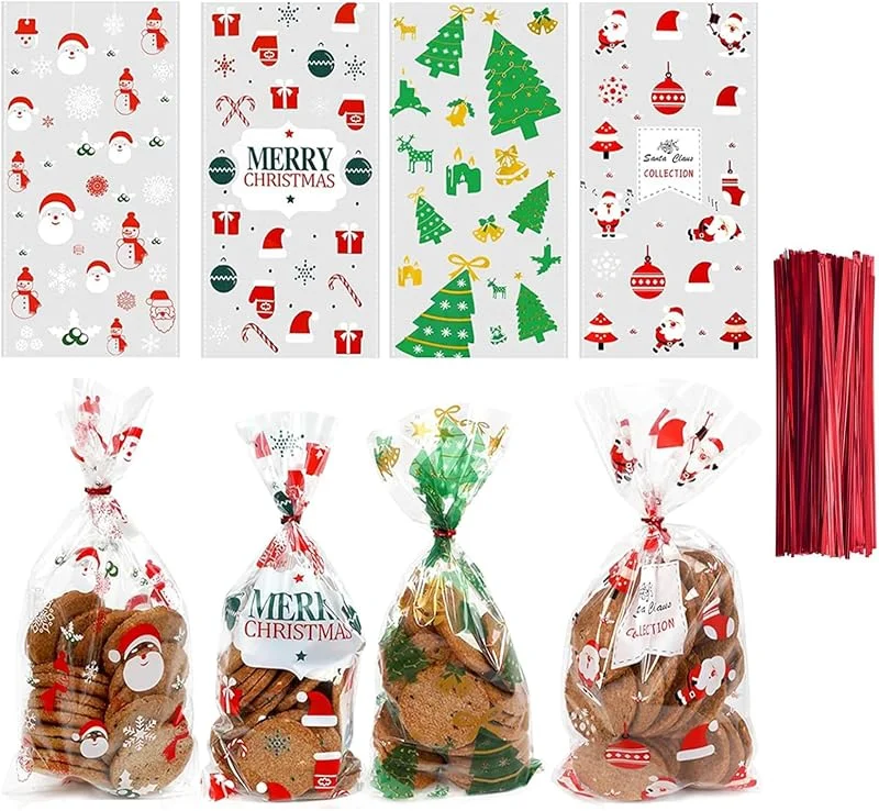 BAOSROY Bolsas Celofán Transparentes, 100PCS Bolsas Dulces Navidad, Bolsas Plástico Celofán Transparente, Bolsas Galletas Navidad, Bolsas Celofán para Envolver, para Galletas Tortas Dulces Chocolate Piruleta — Envoltorio regalo