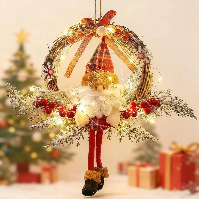 SOETDERT Corona de puerta de Navidad, corona navideña de 35 cm para puerta principal, corona navideña de Papá Noel LED, corona de Navidad de ratán, decoración navideña para puerta, corona navideña para puerta — Decoracion Navidad