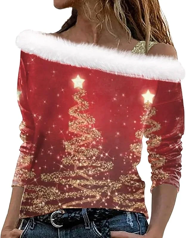 Generisch Jersey de Navidad para mujer con estampado festivo, hombros descubiertos, camiseta de tirantes de manga larga, camiseta de tirantes para ocasiones festivas, sudadera de Navidad adecuada para mujeres — Ropa Navidad