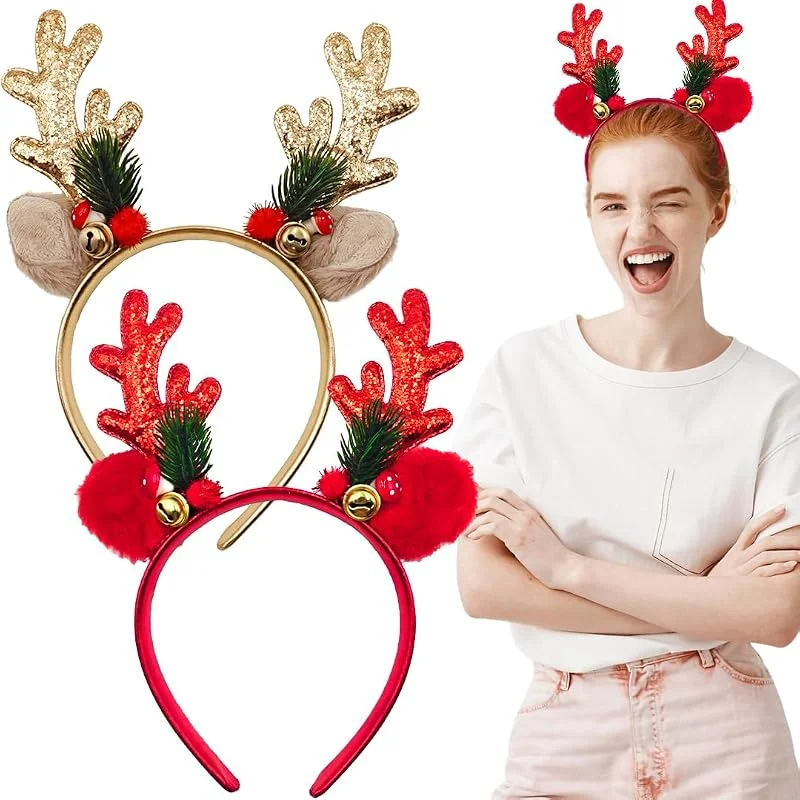 KUAOWT Diadema Navidad Reno, 2 Piezas Diademas Navideñas con Cuernos de Reno para Mujer Hombre Adulto, Diadema Navideña Brillante con Orejas para Fiestas de Navidad, Cosplay y Accesorios para el Cabello — Ropa Navidad