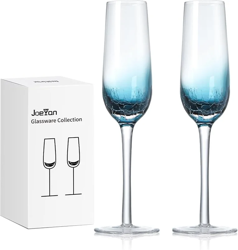 Visita la tienda de Joeyan Joeyan 200ml Pack de 2 Copas de Champán de Colores, Craqueladas Azules — Vino y mesa festiva