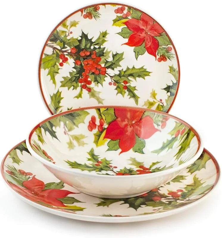 H&H Holly Jolly - Servicio de mesa, 18 platos, de gres, Navidad, fiestas — Adviento y mesa