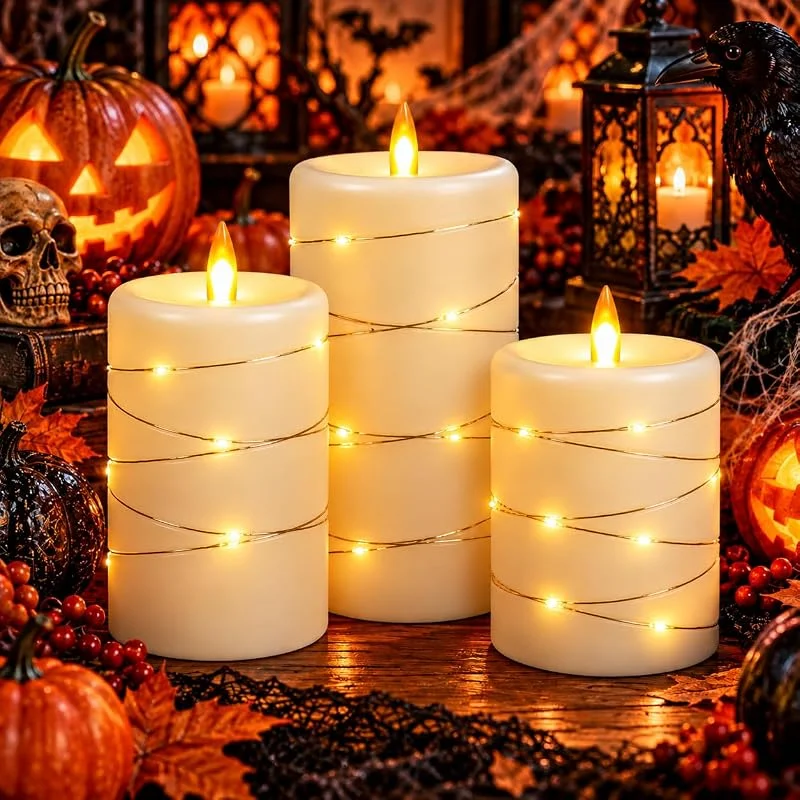 Visita la tienda de Da by 3 Velas LED Marfil con Luces Hada Envolventes, Fuego LED Realista de Nueva Generación, 1 Mando, Plástico Resistente, Tamaños Surtidos, Reutilizables y Ecológicas para Decoración Interior y Exterior — Luces Navidad