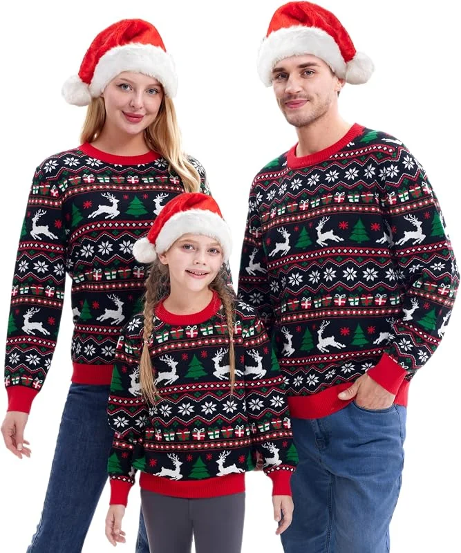 Giggling Getup Suéter de Navidad familiar a juego, lindo suéter de punto navideño de manga larga, suéter de Navidad feo negro — Ropa Navidad