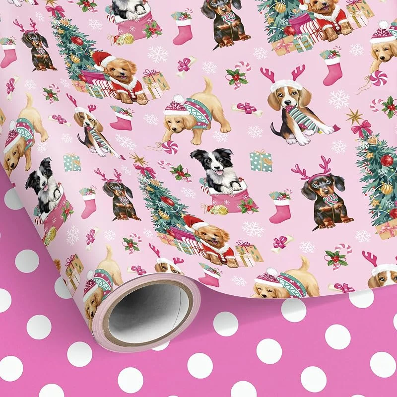 Visita la tienda de Neloheac Neloheac Rollo Papel de Regalo Navidad Rosa con Perros 43 cm x 10 m — Envoltorio regalo