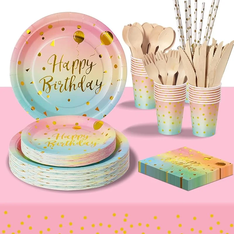 PYAILI 193Pcs Vajilla Cumpleaños Oro Arcoíris — Adviento y mesa