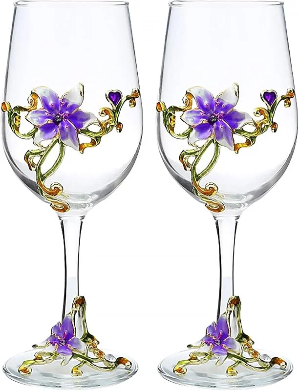 XUDREZ Copa de vino esmaltada hecha a mano con diseño de flores esmaltadas, regalos de cumpleaños para mujeres, madres, amigas, día de la madre, sin plomo (lirio morado (juego de 2)) — Vino y mesa festiva