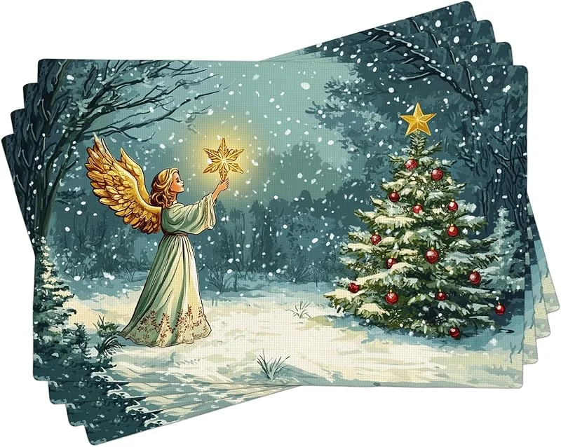 Generic Juego de 4 manteles individuales de ángel de Navidad, manteles individuales decorativos con árbol, lavables para interiores y exteriores, decoración de mesa de Navidad, 45, 7 x 30, 5 cm — Hogar y cocina