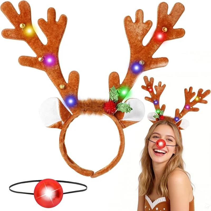 Beipegin LED Diadema Reno y iluminan Nariz Roja de Reno, Diademas Navideñas con Luces Cuernos Accesorios Navidad para Fiesta de Navidad Adulto — Ropa Navidad