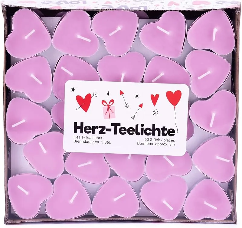 pajoma Velas de té «Love», paquete de 50 unidades, duración de 3 horas, en forma de corazón, color rosa — Cena a la luz de velas