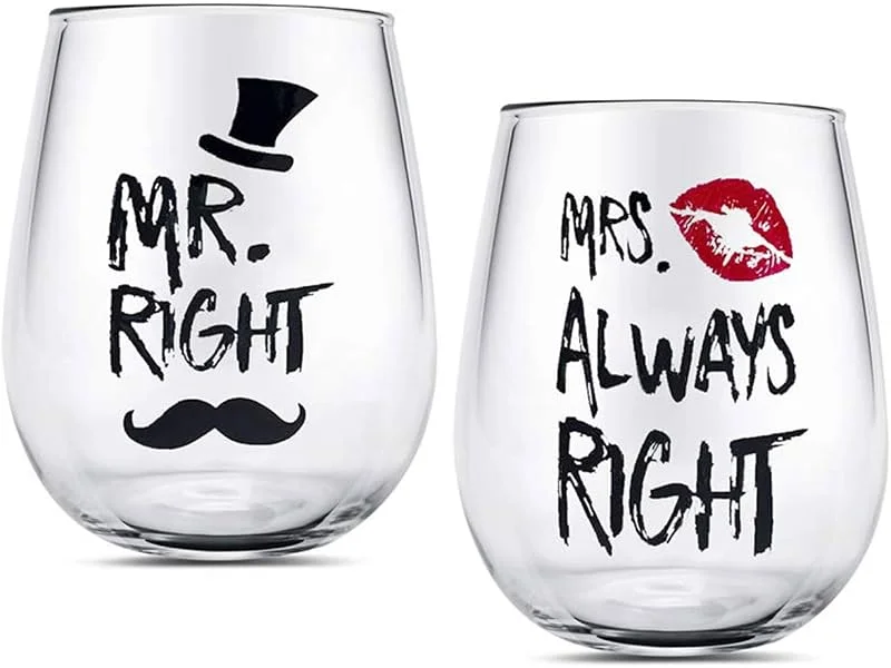 BigNoseDeer Pareja de gafas, Mr Right Mrs Always Right Tazas de vaso de vino, Regalos de copas de vino para pareja aniversario, Regalos para mujeres, Despedida de soltera, Compromiso, Navidad Día de San Valentín — Vino y mesa festiva