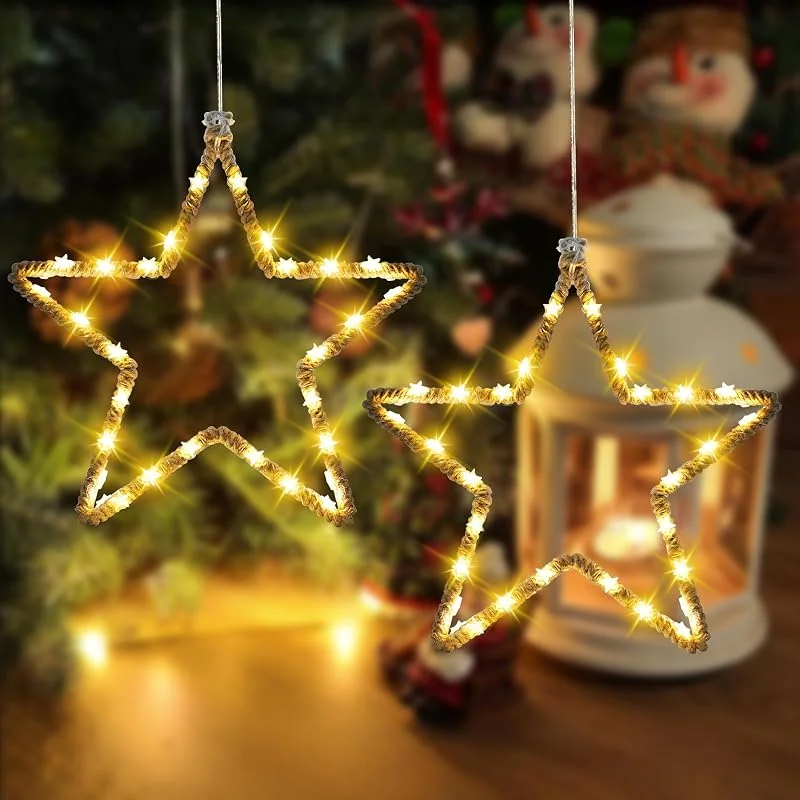 YIFMOO Decoración navideña para ventana, 2 unidades de 30 estrellas LED con estrella de Navidad, iluminación navideña con temporizador, funciona con pilas, IP65 resistente al agua, para interior y — Decoracion Navidad