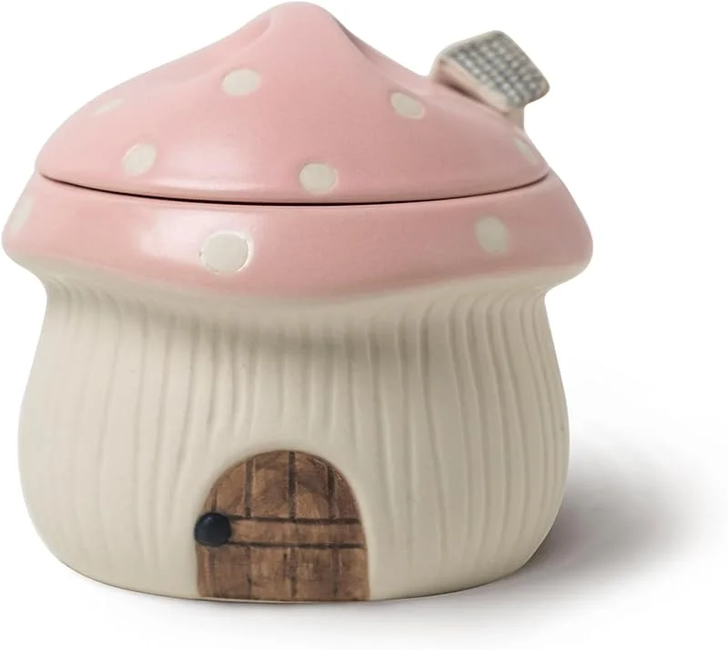 RESVUGA Azucarero de cerámica con tapa y cuchara, bonito diseño de casa de setas, tarro de almacenamiento de condimentos de porcelana, 14 onzas (rosa) — Adviento y mesa