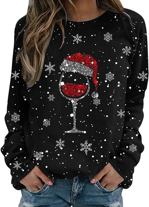 tacniseyw Suéter de Navidad para mujer, divertido estampado de copas de vino, sudadera de manga larga para mujer, suéter de Navidad sin botones, talla grande, camisas feas — Ropa Navidad