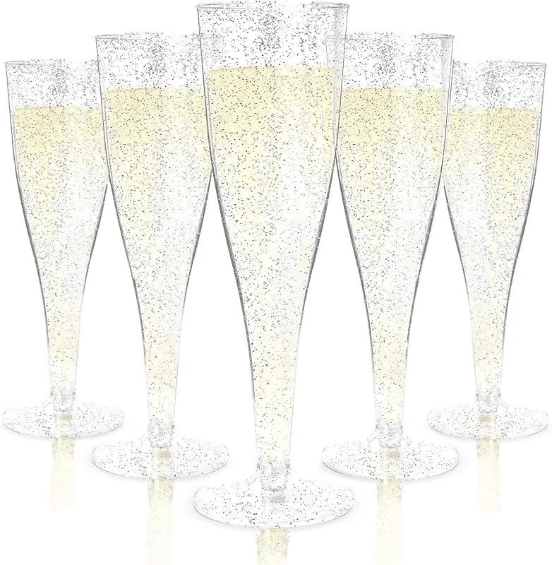 LATERN 54 Piezas Copas de Champán de Plástico, 150ml Brillo Plateado Copas de Champán Copas de Vino de Fiesta con Tallo Reutilizables para Fiestas de Aniversario Bodas Jardín — Vino y mesa festiva