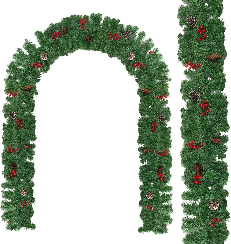 XIAQICA 9 FT Guirnaldas Navidad Piñas Artificiales Navideñas Bayas Guirnalda de Rattan Artificial Navidad para Escaleras Chimenea Colgantes Chimenea Guirnalda de Decoraciones Navideñas — Decoracion Navidad