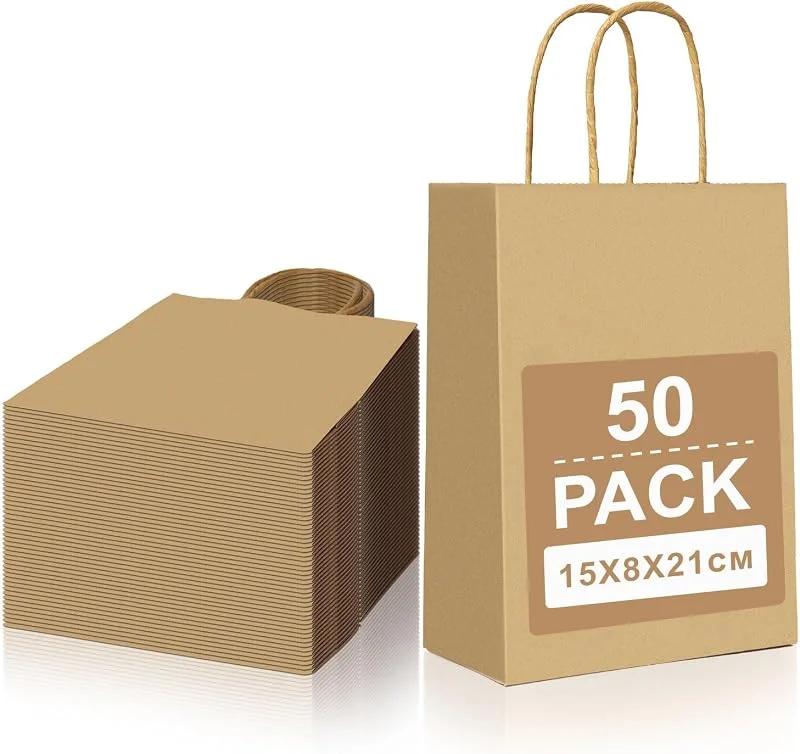 Gucass 50 Pieza Pequeñas Bolsas Papel Kraft con Asas, Marrón Bolsas de Papel Regalo, 15x8x21cm, Bolsitas de Regalos para Embalaje de Regalo, la Compra, Navidad Fiestas de Cumpleaños Bodas — Envoltorio regalo