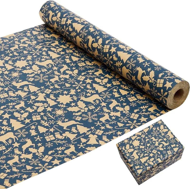 LZRinue Rollo de papel de regalo navideño de 43 cm × 20 m, papel de regalo Kraft impreso con varios patrones navideños, rollo de papel Kraft reciclable para envolver regalos de boda de cumpleaños de Navidad — Envoltorio regalo