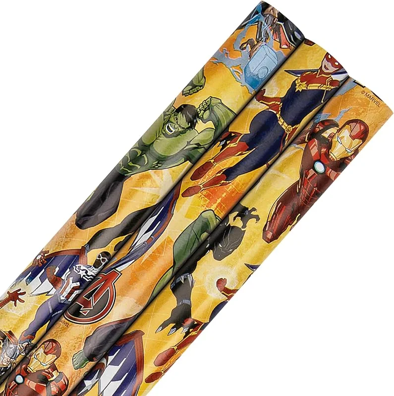 Hallmark Rollo de papel de regalo, paquete de 3 en 1, diseño de los Vengadores de Marvel, 2 m cada uno, cumpleaños, Navidad, amarillo — Envoltorio regalo