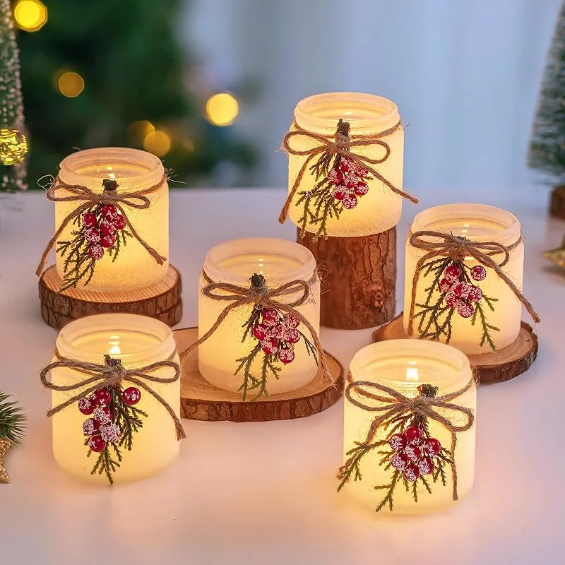 Glasseam Candelabros NavideñOs Decorativos: Juego De 6 Candelabros De Vidrio con Forma De Bayas Rojas Y Agujas De Pino para Centros De Mesa. — Cena a la luz de velas