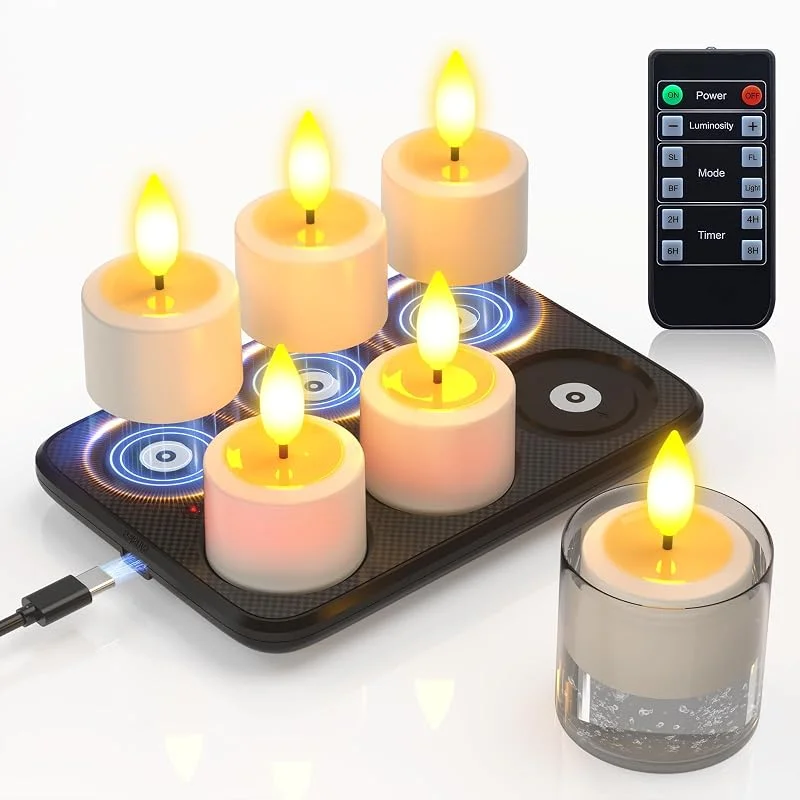 Visita la tienda de PChero PChero 6 velas LED recargables con base de carga magnética, velas recargables, velas parpadeantes, con mando a distancia y temporizador, para exteriores, impermeables, decoración de Halloween y — Cena a la luz de velas