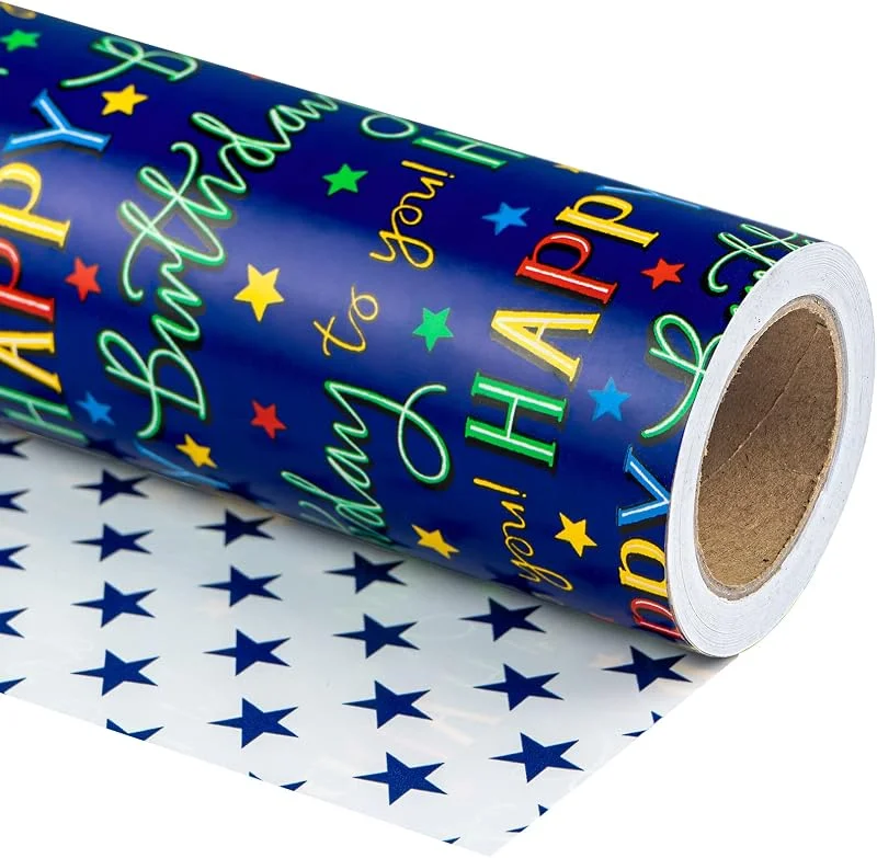 Visita la tienda de RUSPEPA RUSPEPA Papel de regalo reversible para cumpleaños - Mini rollo - 43, 2 cm x 10 m - Diseño colorido de letras de "Feliz cumpleaños" y estrellas para fiestas y baby shower — Envoltorio regalo