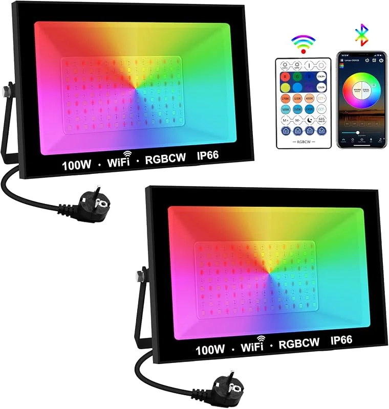 Visita la tienda de T-SUNUS Proyector LED Exterior RGB 100W, T-SUNUS 4 Piezas Foco LED RGB con APP WiFi Bluetooth y Mando, Control en Grupo, Temporizador, IP66 Impermeable para Jardín Terraza Fiesta Bar — Luces Navidad
