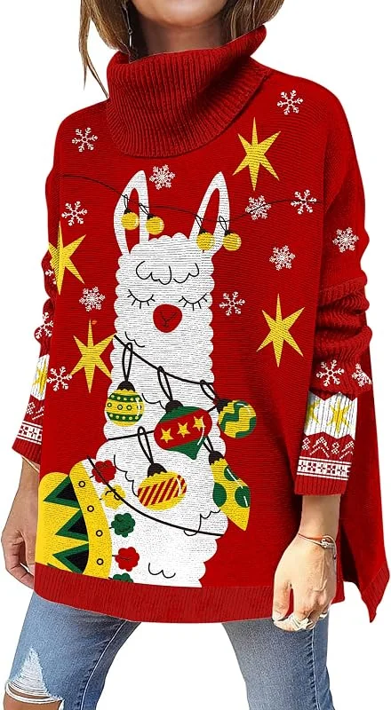 Kids4ever Jersey navideño de Cuello Alto para Mujer Jersey de Punto navideño con Estampado 3D Jersey de Punto Suelto con Abertura Lateral de Manga Larga para Fiesta Diaria S-XL — Ropa Navidad