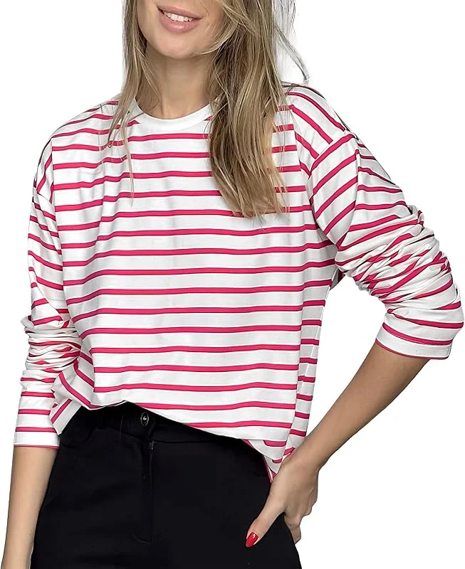 MGizo DtiSpectrum Camiseta Clásica De Manga Larga A Rayas Elásticas De Algodón De Ajuste Holgado para Mujer Tops con Cuello Redondo Usable Durante Todo El Año — Ropa Navidad