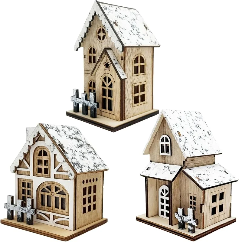 BeVistoso Casas de Pueblo navideñas, 3 Unidades por Juego, Techo de Nieve de Madera Iluminado, Pueblo navideño, para centros de Mesa de Navidad, decoración del hogar de Vacaciones — Decoracion Navidad