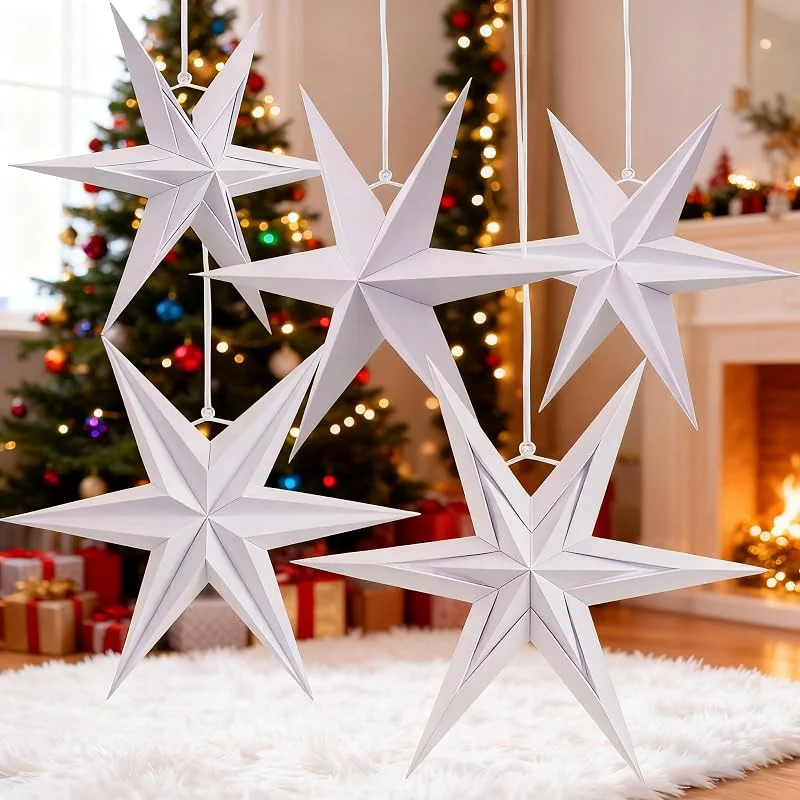 EASY JOY 5 unidades de estrellas de papel para Navidad, blancas, 6 puntas, plegables, estrellas de papel para colgar, estrella de Navidad para la ventana, decoración de mesa, decoración navideña — Decoracion Navidad