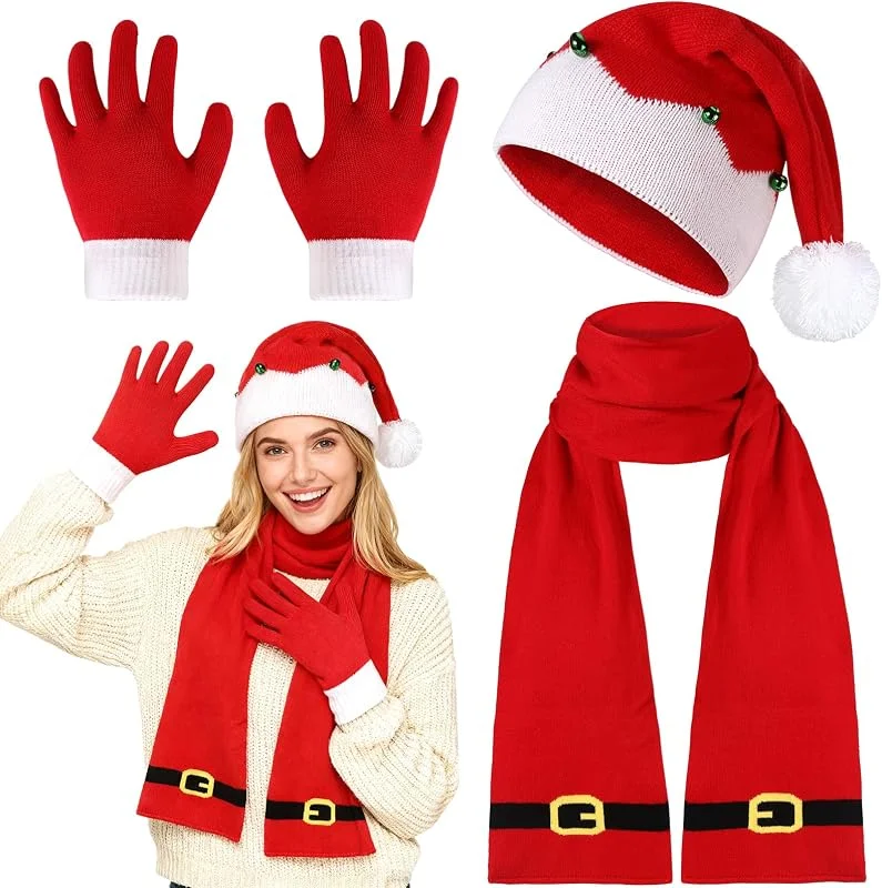 Beipegin Gorro Bufanda de Punto Guantes Invierno, Santa Claus Gorro Elfo Sombrero, Gorros Navideños Bufanda Navideña Navidad Accesorios Fiesta para Hombre Mujer — Ropa Navidad