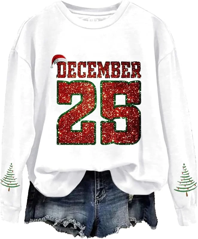 tacniseyw Suéter de Navidad para mujer, 25 de diciembre, estampado gráfico, sudadera de Navidad para mujer, manga larga, cuello redondo, camiseta fea de gran tamaño, suéter de invierno — Ropa Navidad