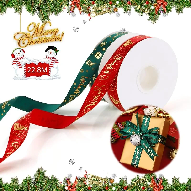 FairyPeach 2 Cinta de Navidad, FairyPeach 2, 5 cm * 23 m Cintas Navideñas, Cinta Regalo Navidad, Cinta de Raso Navidad, Cinta Navidad para Decoración y Embalaje, Guirnalda, Boda — Envoltorio regalo