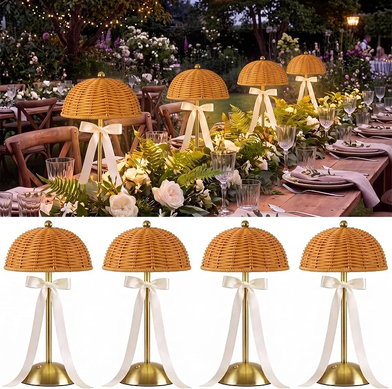 Grinsvalley Paquete de 4 lámparas de mesa inalámbricas con lazo de ratán para boda, recargables, lámpara de escritorio LED semicírculo de mimbre, 3 colores de atenuación suave, decoración de mesa — Cena a la luz de velas