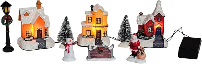 Bambelaa! Pueblo Navideño Lote de 9 figuras de invierno del pueblo con LED Luz blanca cálida Decoración para interiores Funciona con pilas — Decoracion Navidad