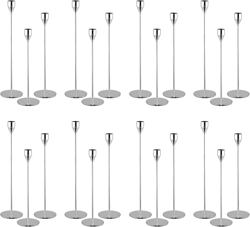 Visita la tienda de Pesonlook Juego de 24 candelabros cónicos plateados para velas de 3, 4 pulgadas de grosor, soporte alto de metal para bodas, decoración del hogar, cena a la luz de las velas (plateado) — Cena a la luz de velas