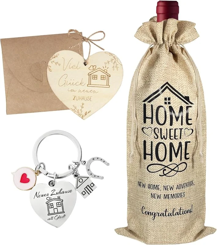 Itharon Regalo para Inauguración de Casa - Set de Bienvenida al Nuevo Hogar con Bolsa para Vino, Llavero Corazón, sobre y Etiqueta para Fiestas de Inauguración, Mudanza, Final de Obra (35x15cm) — Vino y mesa festiva