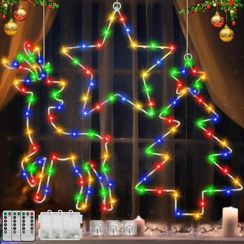 Visita la tienda de Multper Ventana Luces Navideñas, Paquete de 3 Luces Colgantes con Forma de Reno, árbol de Navidad y Estrella con 8 Modos y Control Remoto, Decoraciones navideñas Que Funcionan para Interiores y Exteriores — Decoracion Navidad